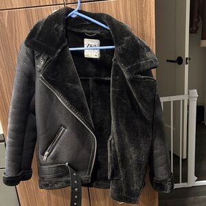 Zara Black Faux Fur Jacket with Leather Accents